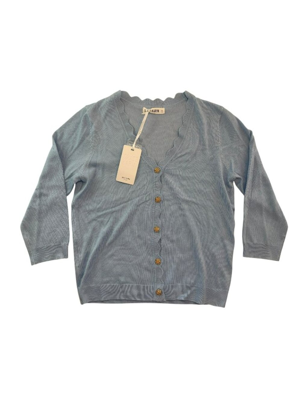 Grace Karin Light Blue Cardigan Scalloped Trim Gold Button Women's Sz Small NWT - Picture 1 of 6